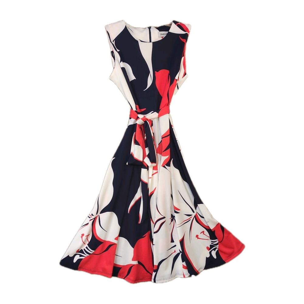Shelby Palmer Sleeveless Dress Full Skirt Red White Navy Geographic Petite Small